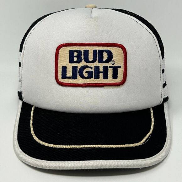Vintage Bud Light 3 Stripe Trucker Hat Baseball Cap Beer 80s Mesh Snapback White - Picture 12 of 12